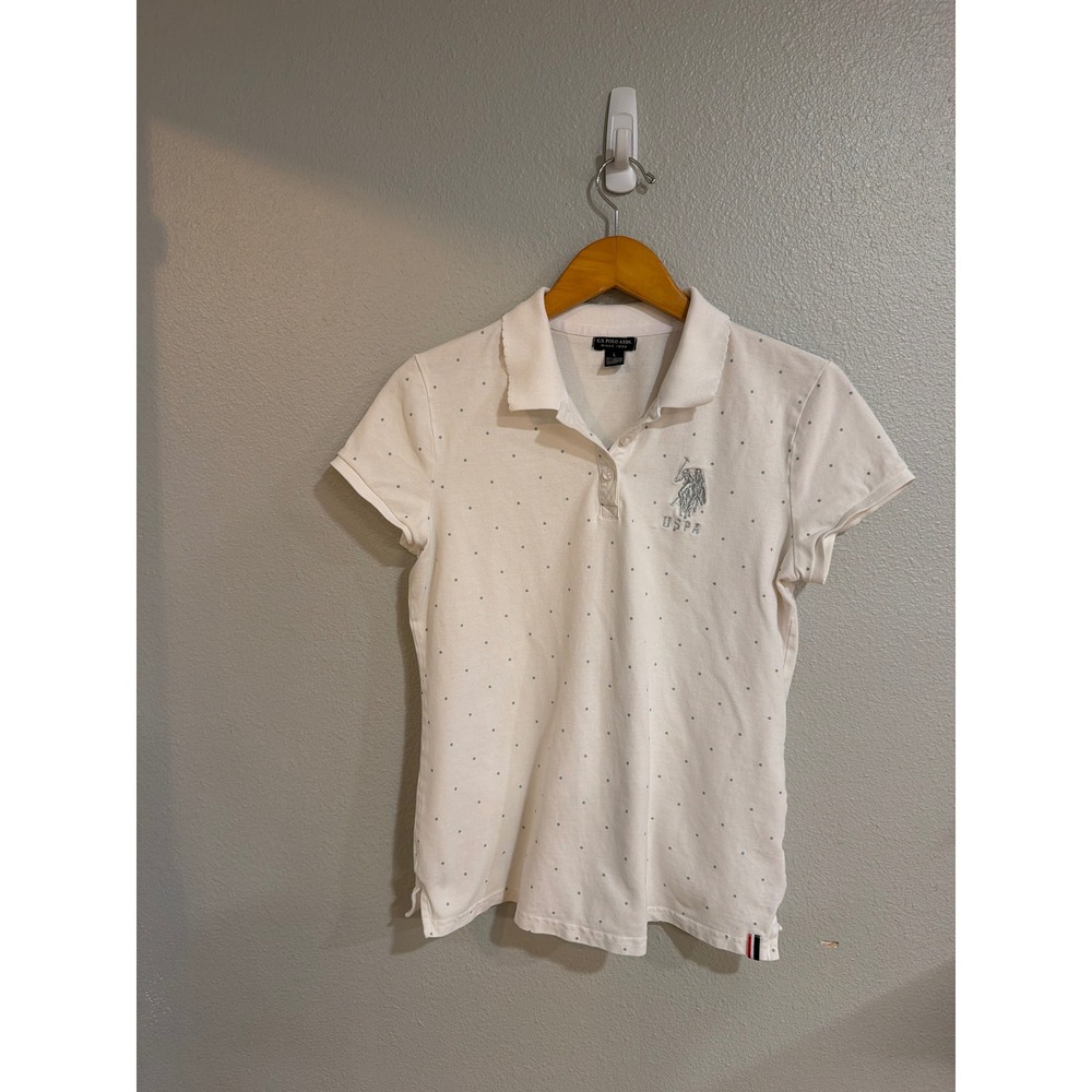 U.S. Polo Assn. Polo Shirt Womens Large White‎ Polka Dot Short Sleeve Pique Top